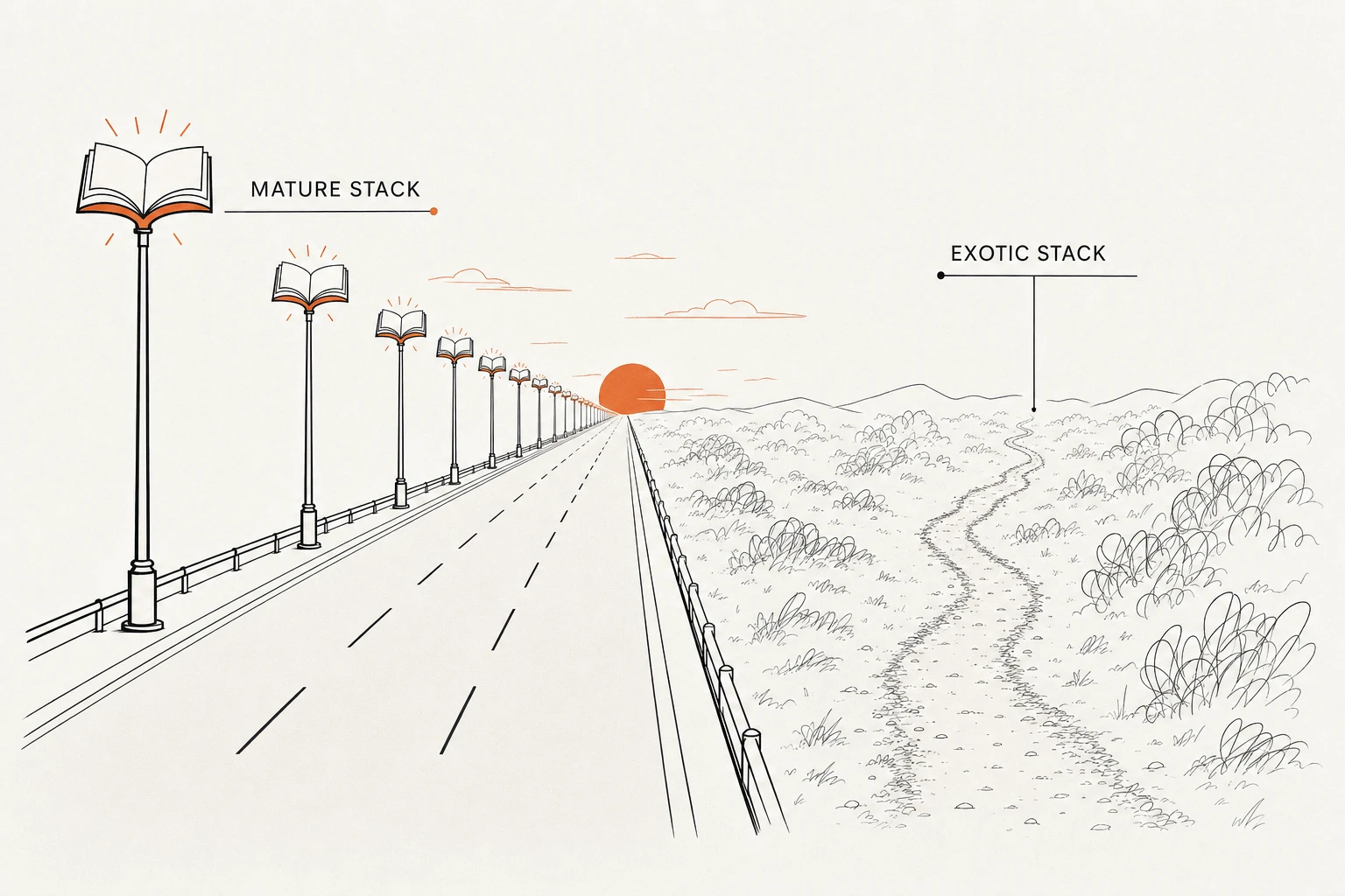 A mature stack is a lit highway; an exotic stack is an unlit trail