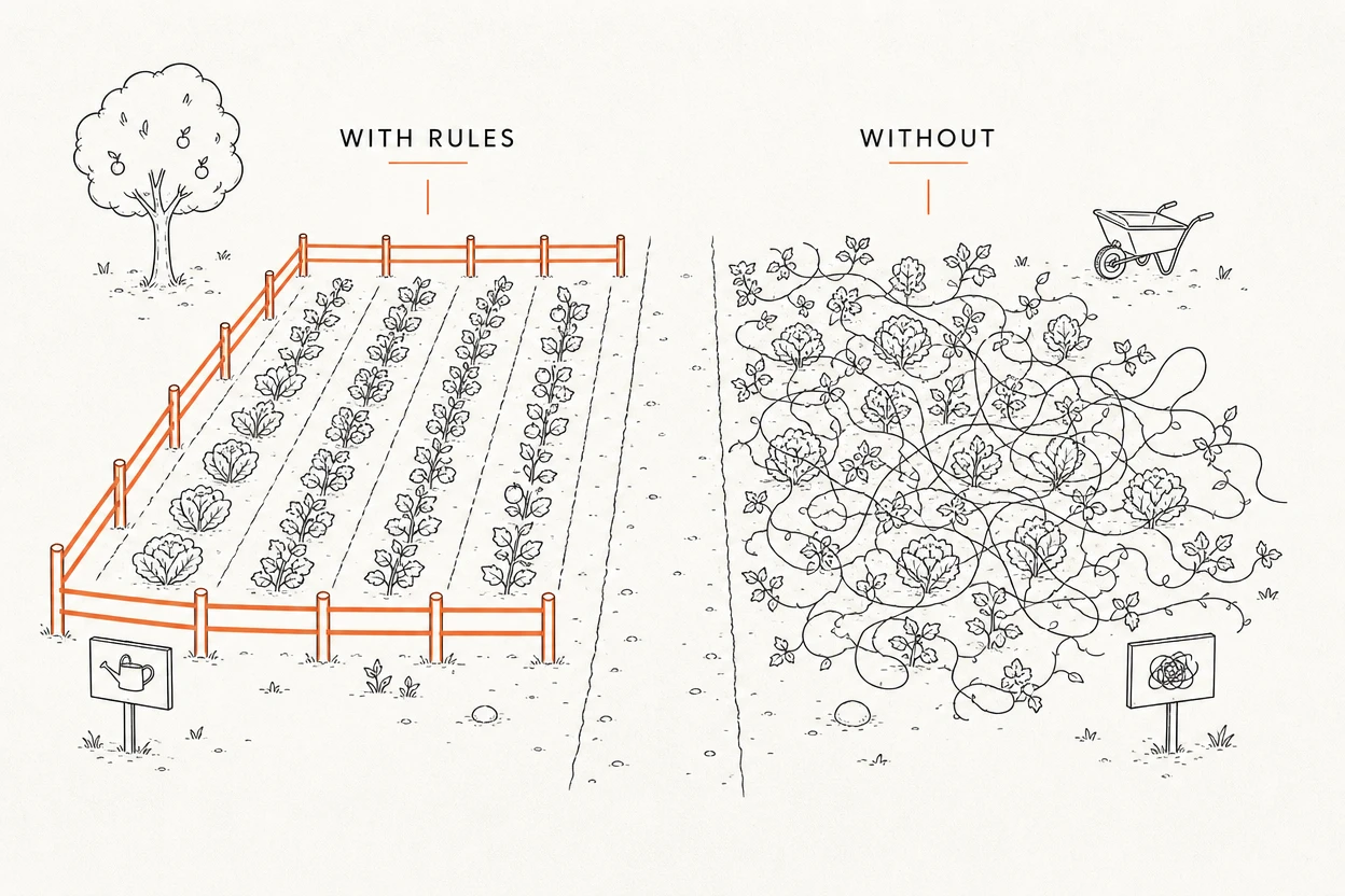 The same garden with and without fence rails