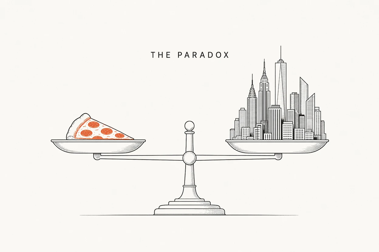 The cheapest pizza under the richest skyline